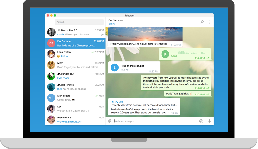Telegram 桌面版聊天界面与多端适配展示